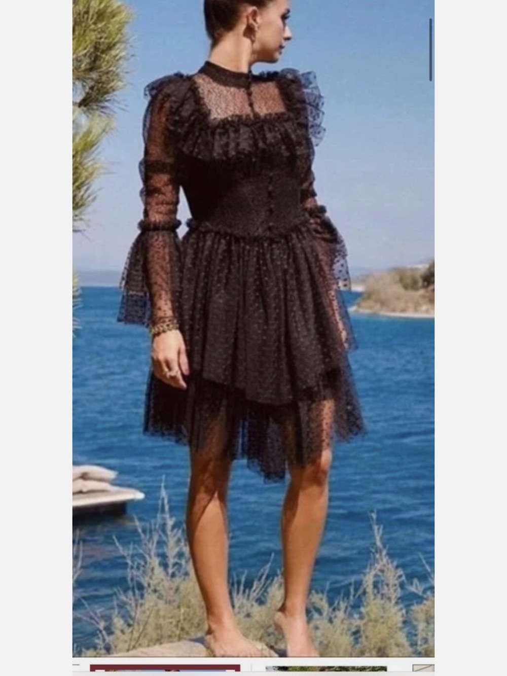 H&M x SANDRA MONSOUR Black Sheer Polka Dot Asymmetrical Tiered Dress